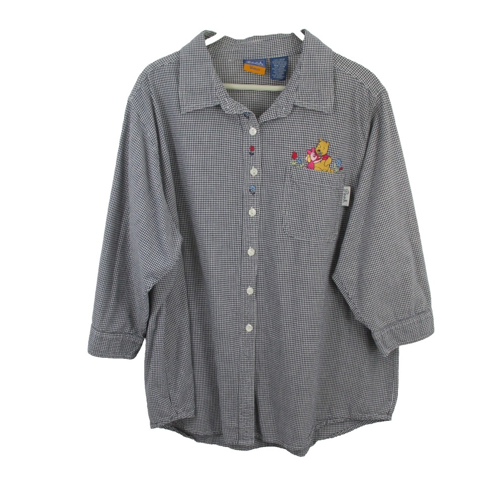 Disney Winnie the Pooh Gingham Button Up Shirt Women 18W 20W Black White Check